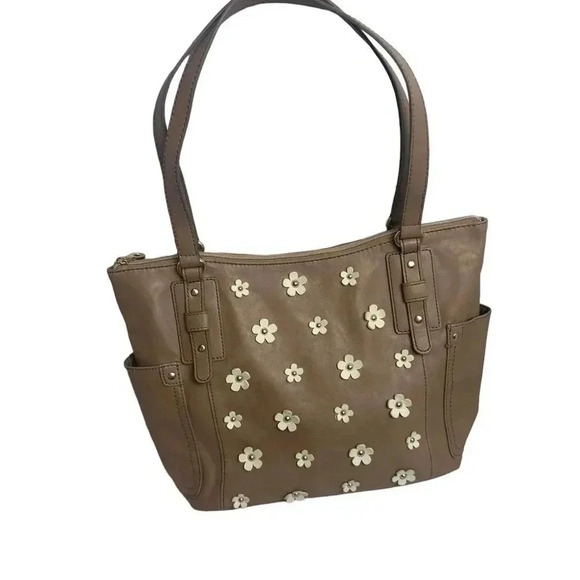 Relic Handbags - Relic tan bag with two handles and white flowers on the bag